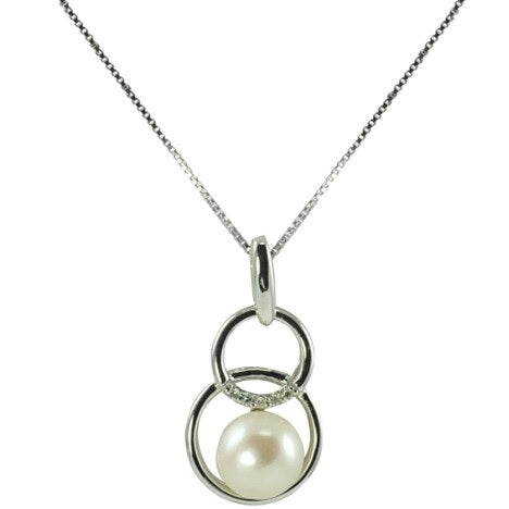 Pearl White Sterling Silver Cultured 8.5-9.0mm Freshwater Pearl Pendant with Diamonds 18"