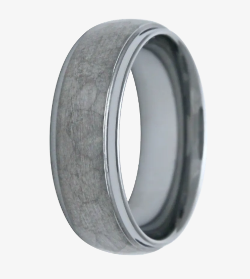 Gent's Gray Tungsten Carbide Hammered 6mm Domed Step Edge Wedding Band