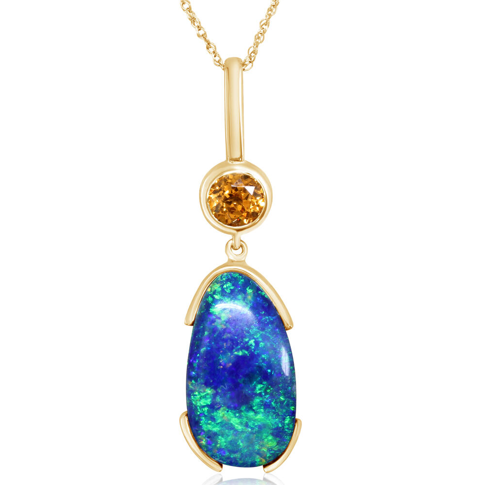 Australian Doublet Opal Halo Pearl Pendant Necklace in 14K Yellow Gold 