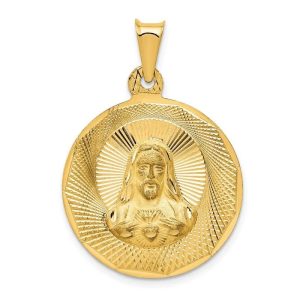 14K Polished D/C Sacred Heart of Jesus (Sagrado Corazon Circle Pendant